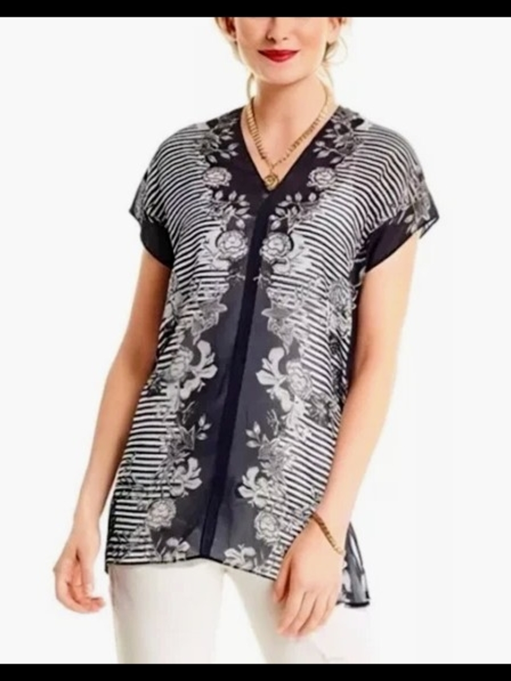 CAbi Blue & White Floral Stripe V-Neck Tunic Blouse Nwot